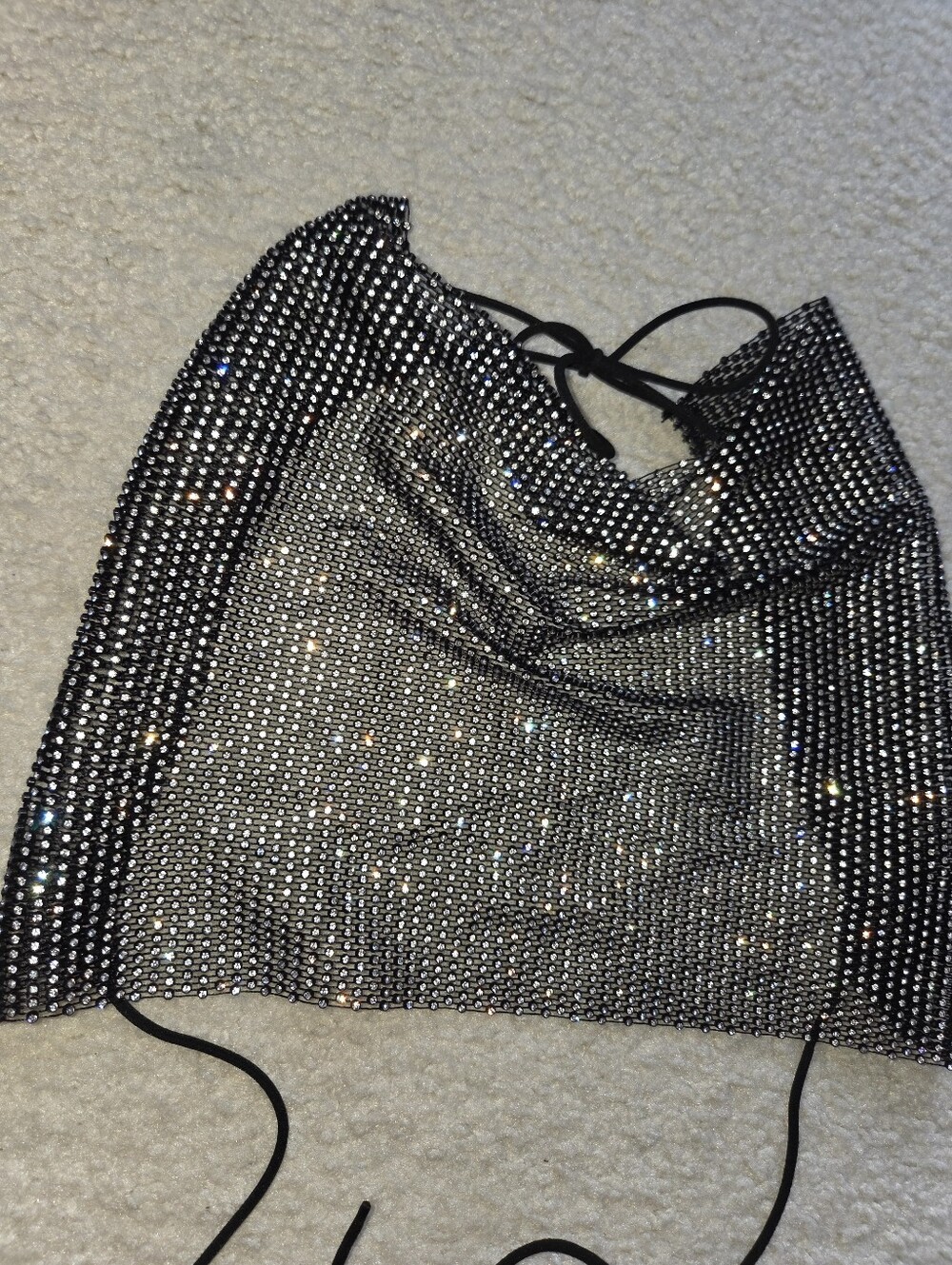 Dolls Kill Black Crystal Mesh Cowl Neck Crop Top